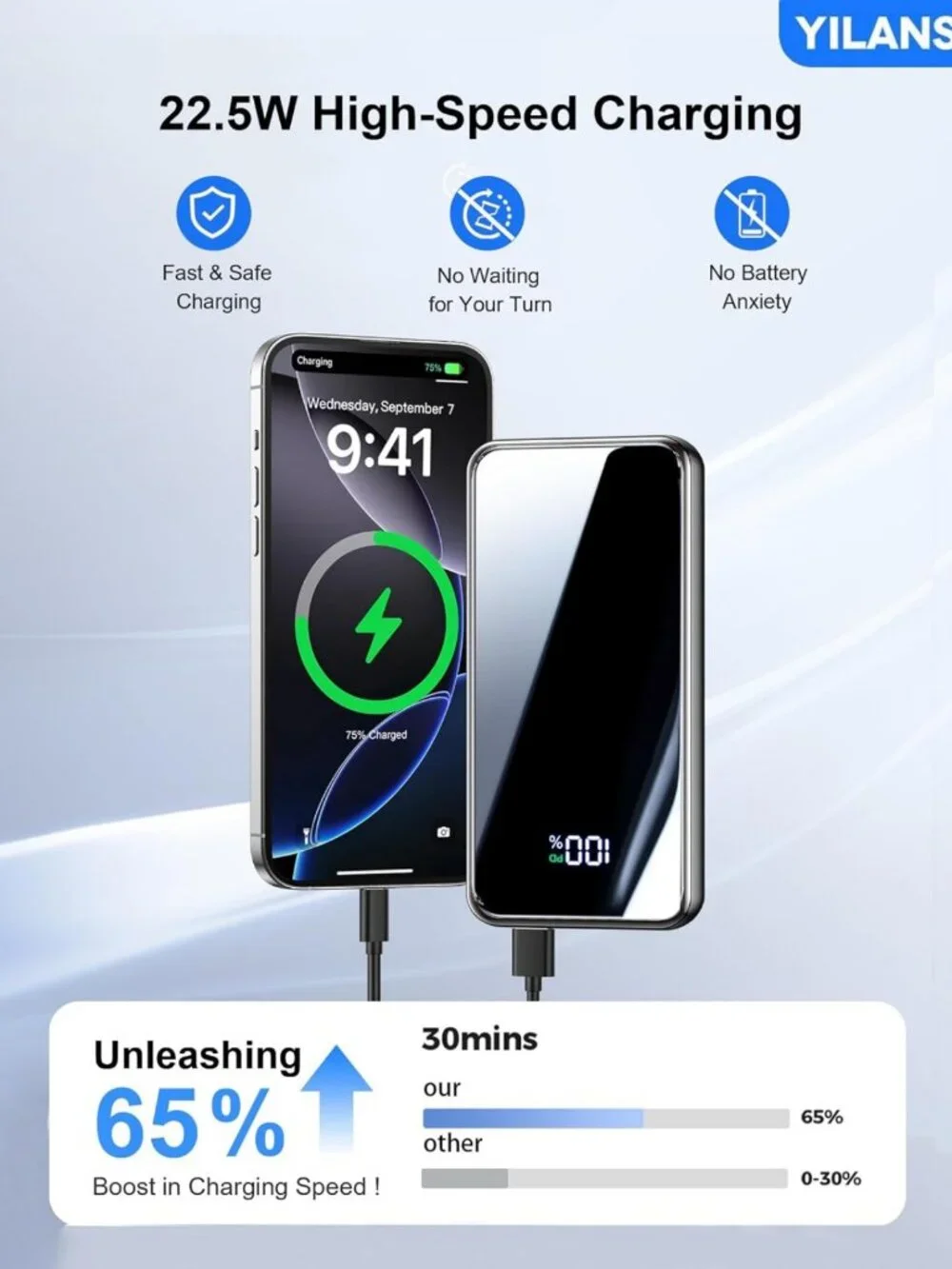 High-Capacity 50000mAh Portable Charger, 22.5W Power Bank with 4 Built-in Cables